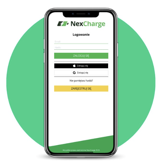 Aplikacja mobilna NexCharge — ekran logowania na tle zielonego koła
