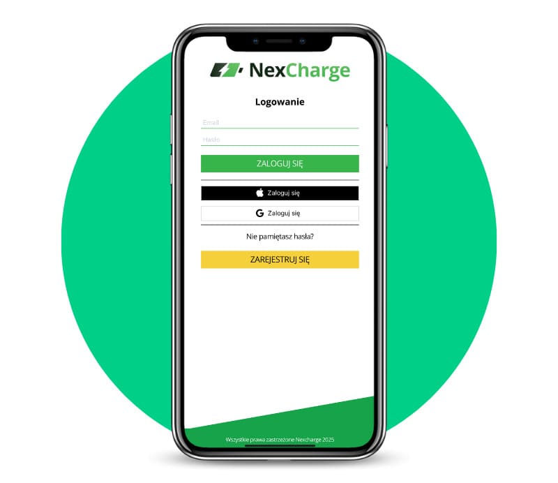 Aplikacja mobilna NexCharge na ekranie smartfona