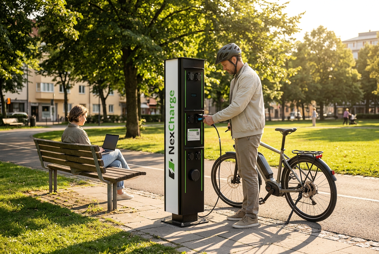 Osoba z rowerem elektrycznym korzystająca z punktu NexCharge w parku
