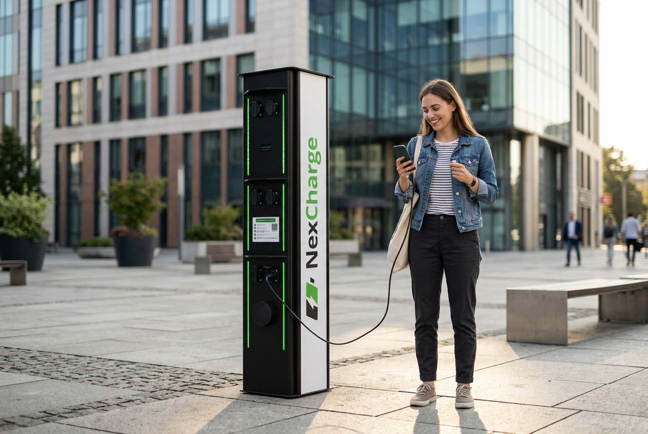 Osoba korzystająca z punktu NexCharge na miejskim placu